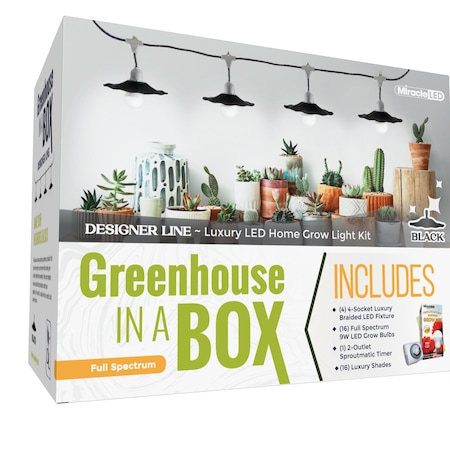 Miracle Led 4-Socket Greenhouse in a Box Grow Light Kit Full Spec 9W Replace 150W Bulb, Blk Shades, Timer, 4PK 802411